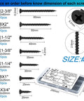 155 Piece Black Oxide Wood And Drywall Screw Assortment Kit With Phillips Countersunk Heads detailed size chart and dimensions.