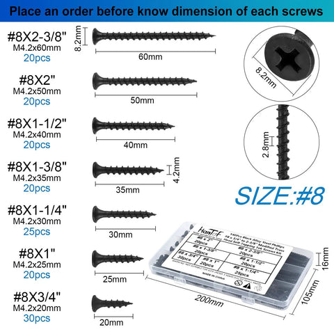 155 Piece Black Oxide Wood And Drywall Screw Assortment Kit With Phillips Countersunk Heads detailed size chart and dimensions.