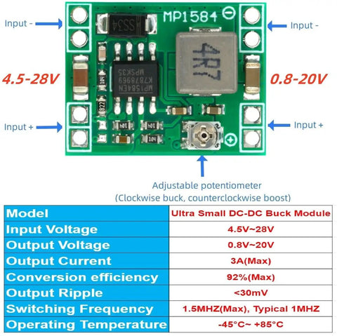 Close-up of a Six Pack MP1584EN Buck Converter Module with input-output labels and specs table, showing adjustable potentiometer.