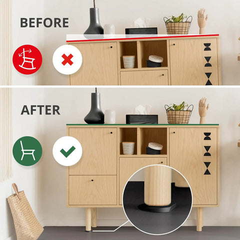 Slick Black Rubber Furniture Levelers 2 Inch Adjustable Shims shown stabilizing furniture in before and after setup images.