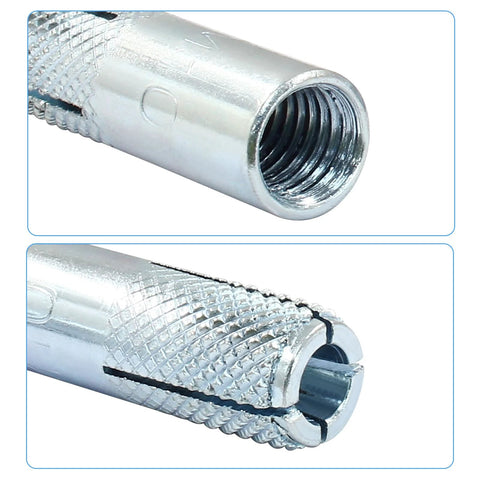 Close-up of 8 Pcs M10 x 40mm Knurled Drop In Anchors With Internal Forced Expansion Bolts, zinc-plated with knurled texture, solid concrete use.