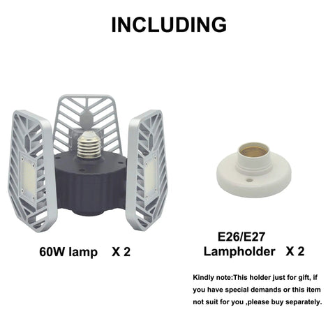 2-Pack LED Garage Lights With Adjustable Trilights, 6500 Lumens, E26/E27 Base shown with lampholder set in box