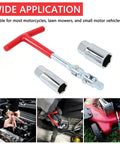 Heavy Duty Carbon Steel T Handle Spark Plug Socket Wrench Kit With Five Eighth And Thirteen Sixteenths Inch Sockets showing use on motorcycle and lawn mower.
