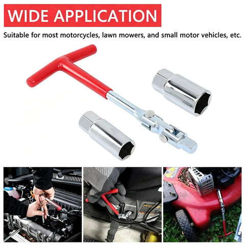 Heavy Duty Carbon Steel T Handle Spark Plug Socket Wrench Kit With Five Eighth And Thirteen Sixteenths Inch Sockets showing use on motorcycle and lawn mower.