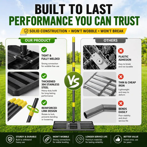 Comparison chart showing Heavy Duty Lawn Leveling Rake For Soil And Ground with 17x10 stainless steel leveler vs inferior products.
