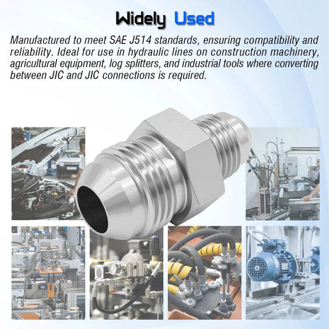 Straight Hydraulic Hose Connector Three Eighths Inch JIC Male To One Quarter Inch JIC Male 37 Degree Flare Adapter For Leak Free Hydraulic Lines And Quick Leak Proof Connections In O Ring Boss Systems, stainless steel