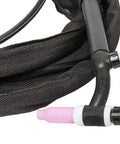 Air Cooled TIG Torch 17FV with flexible head, shown coiled, featuring a durable black hose for no sweat angle welds