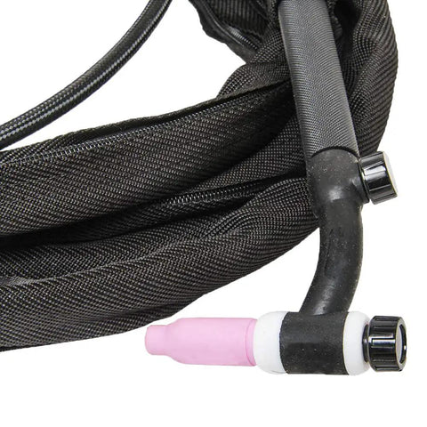 Air Cooled TIG Torch 17FV with flexible head, shown coiled, featuring a durable black hose for no sweat angle welds