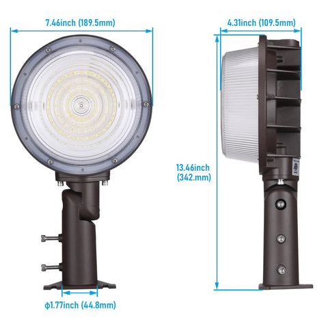 Dimensions of 3CCT LED Barn Light With Dusk To Dawn Photocell, Outdoor Security Flood Light, showing front and side views