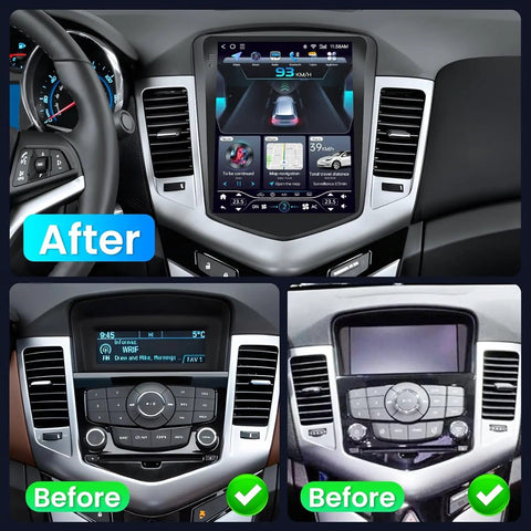 Chevy Cruze Car Stereo 2009 2015 10.4 Inch IPS touchscreen upgrade comparison with before and after dashboard views.