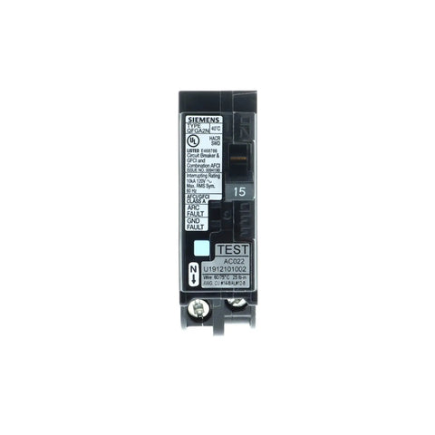 15 Amp 1 Pole Dual Function CAFCI And GFCI Plug On Neutral Circuit Breaker Black for Home Electrical Panels front view