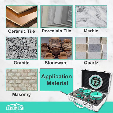 Pro Grade All In One Diamond Hole Saw Kit For Tile 6 To 100mm With Cutting Disc shown with material samples