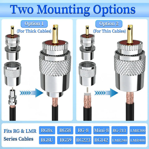 PL259 UHF Male Coaxial Connectors Set 10 Pack Solder Type 50 Ohm Gold Plated Brass with Teflon Insulation, two mounting options displayed.