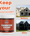 Premium Top Shelf Rubber Silicone Foundation Sealant Black 35 Oz Tub shown with before and after images of sealed house.