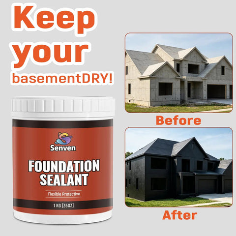 Premium Top Shelf Rubber Silicone Foundation Sealant Black 35 Oz Tub shown with before and after images of sealed house.