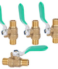 Straight Shooter 1/4 Inch Brass Ball Valve Four Pack With Dead Simple Shut Off For Hot And Cold Water Plumbing Setup showing four valves with green handles.