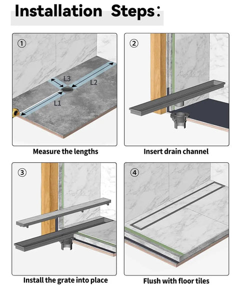 Installation steps for Tile Insert Linear Shower Drain 36 Inch With Brushed Nickel Finish 304 Stainless Steel 2 In 1 Shower Floor Drain And Tile Grate Rust Proof Easy Clean Fits Most Showers; measure lengths, insert channel, install grate, flush with tiles.