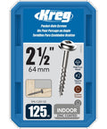 Packaging of Zinc Pocket Hole Screws For Woodworking And Cabinetry With Maxi Loc Flat Head Two And A Half Inch Coarse Thread Indoor Use 125 Count SML-C250-125