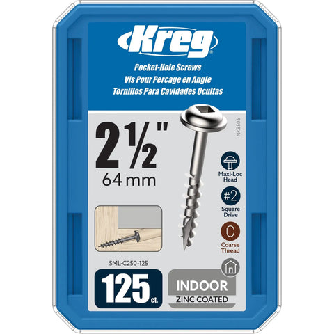 Packaging of Zinc Pocket Hole Screws For Woodworking And Cabinetry With Maxi Loc Flat Head Two And A Half Inch Coarse Thread Indoor Use 125 Count SML-C250-125