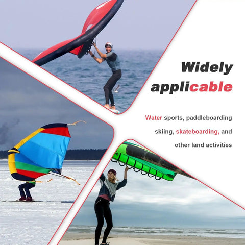 Three people using a 5㎡ Handheld Inflatable Wing Foil Kite With Window For Wind Surfing And Sea Travel in various settings.