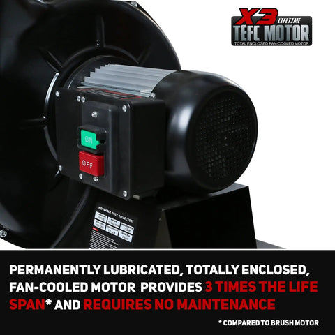 Heavy Duty Shop Dust Collector 1-1/2 Hp Dual Voltage Motor Powers 1100 Cfm showing fan-cooled motor with on/off switch and air intake.