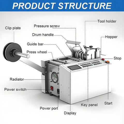 Heat Shrink Tube Cutter Machine For Pvc And Pe Cable, showing detailed components like hopper, display, and tool holder.