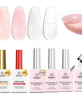 Nude Builder Gel Set With Base Coat And Top Coat HEMA Free, Pro Grade 8 In 1, four swatches and bottles with brush detail