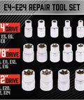 Ultimate 21 Piece Female E Torx Star Socket Set With Universal Joint Adapter Kit For Impact Drivers Including Full Range E4 To E24 Sockets And Magnetic Guide Rail Swivel Adapters In Durable Blow Molded Case, E4-E24 sockets