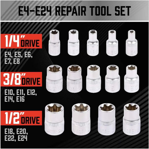Ultimate 21 Piece Female E Torx Star Socket Set With Universal Joint Adapter Kit For Impact Drivers Including Full Range E4 To E24 Sockets And Magnetic Guide Rail Swivel Adapters In Durable Blow Molded Case, E4-E24 sockets