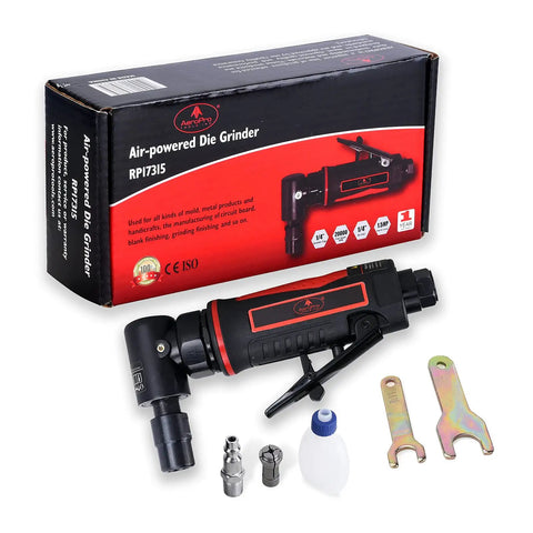 One Quarter Inch Angle Die Grinder With Pistol Grip Air Powered 20000 RPM AP17315 includes collet, box, and accessories displayed.