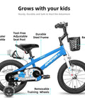 14 Inch BMX Style Kids Bike Pluto With Training Wheels For Boys And Girls in blue with basket and bottle holder, side view.