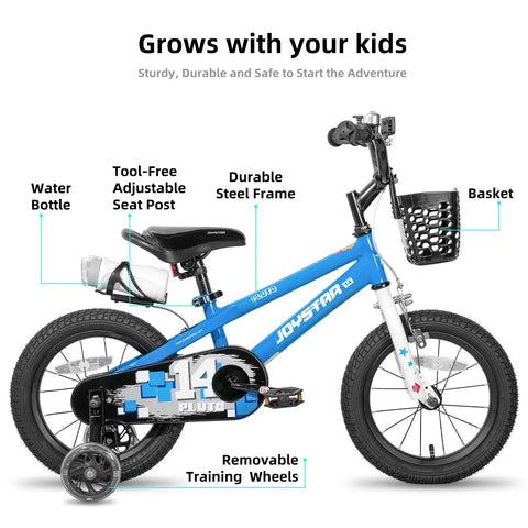 14 Inch BMX Style Kids Bike Pluto With Training Wheels For Boys And Girls in blue with basket and bottle holder, side view.