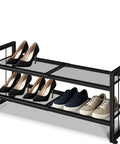 Expandable 2 Tier Metal Shoe Rack Stackable Closet Organizer Adjustable Entryway Storage Space Saver for Home Dorm Small Rooms with heels and sneakers.