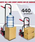 Stair Climber Hand Truck Dolly with Telescoping Handle Heavy Duty 440 Lb Capacity 3 Wheel Folding Design, carrying a box and water bottle.