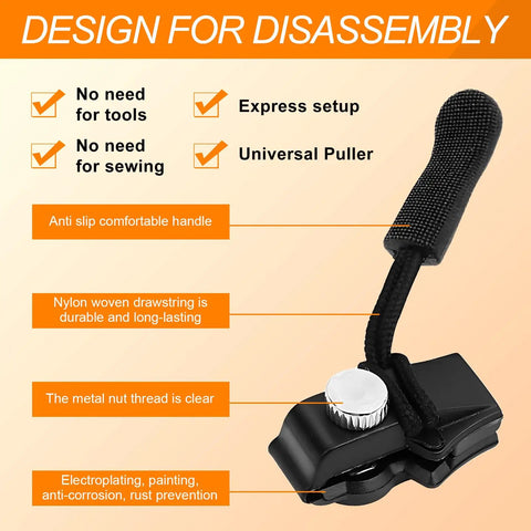Universal Zipper Repair Kit With 12 Sliders In 3 Sizes Black Zipper Replacement Set product features with handle and thread details