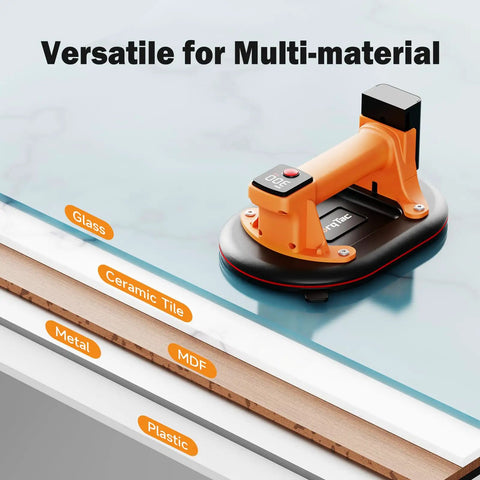 TorqTac 10 Inch Electric Vacuum Suction Cup Lifter With 662 Lbs Heavy Duty Load Capacity on glass and tile surfaces.