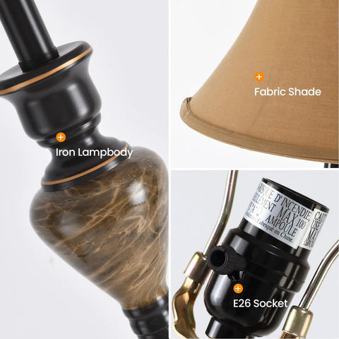 Close-up collage of the Three Piece Living Room Lamp Set with Vintage Table and Floor Lamps, sturdy iron base, brown fabric shade.