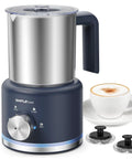4 In 1 Electric Milk Frother And Steamer, 16.9 Oz Capacity, with dark blue base, shown with cup of cappuccino and spare whisks