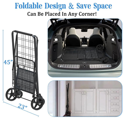 Heavy Duty Folding Grocery Cart With Jumbo Capacity And Waterproof Bag in car trunk and narrow home space