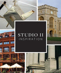 Collage featuring architectural designs, a modern teapot, and Studio II Inspiration logo in the center.