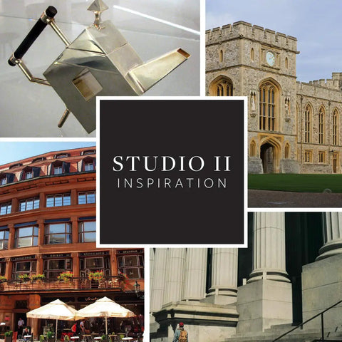 Collage of architecture and design images featuring modern and classic structures, and a metal teapot.