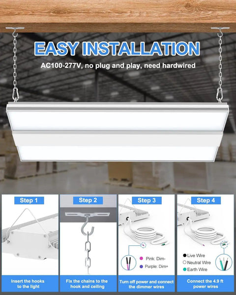 12 Pack 400W High Bay LED Lights for Warehouses and Shops installation guide with hanging fixture and wiring steps