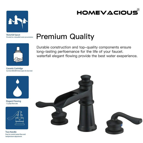 Black Waterfall Bathroom Faucet With 8 Inch Widespread Arc, Dual Lever Handles, Farmhouse Style, shown with premium quality description