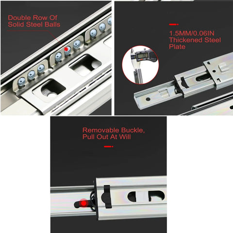 Close-up of Beefed-Up Heavy Duty 45mm Full Extension Bayonet Drawer Slides With Ball Bearing Runners showing steel balls and plate