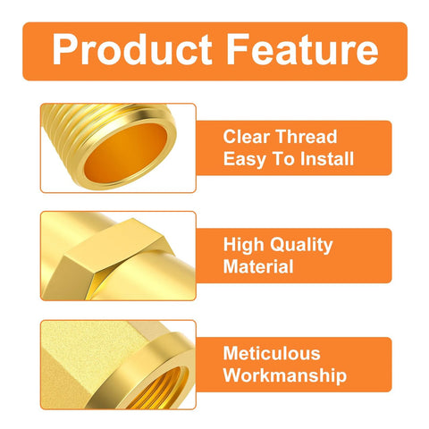GASHER 8-pack brass pipe fittings 1/4 in NPT; street elbow, hex nipple and hex coupling shown in close-ups