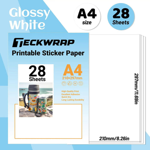 Printable Vinyl Sticker Paper For Inkjet Printers Glossy White 8.26 X 11.69 Inches A4 Size 28 Sheets Pack Ideal For DIY Stickers Crafts