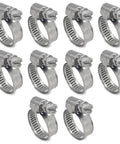 Beefy Heavy Duty Stainless Worm Gear Hose Clamps Size 6 1/2 To 7/8 Inch Adjustable All 304 Stainless Steel For Garden Water Hoses 12 To 22 mm Pack Of 10 Ideal For Radiator Hoses And Irrigation, showing ten stainless steel clamps arranged in rows.