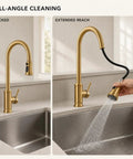 Gold Brushed Nickel Kitchen Faucet with Pull Down Sprayer, 3 Mode Sprayer showcased in docked and extended reach positions.