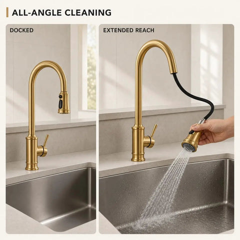 Gold Brushed Nickel Kitchen Faucet with Pull Down Sprayer, 3 Mode Sprayer showcased in docked and extended reach positions.