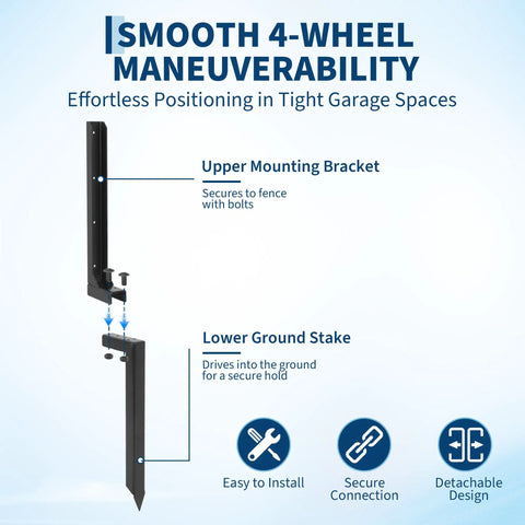 Built Tough Heavy Duty 11 Gauge Fence Post Repair Stakes Six Piece Black Kit shown with upper mounting bracket and lower ground stake.